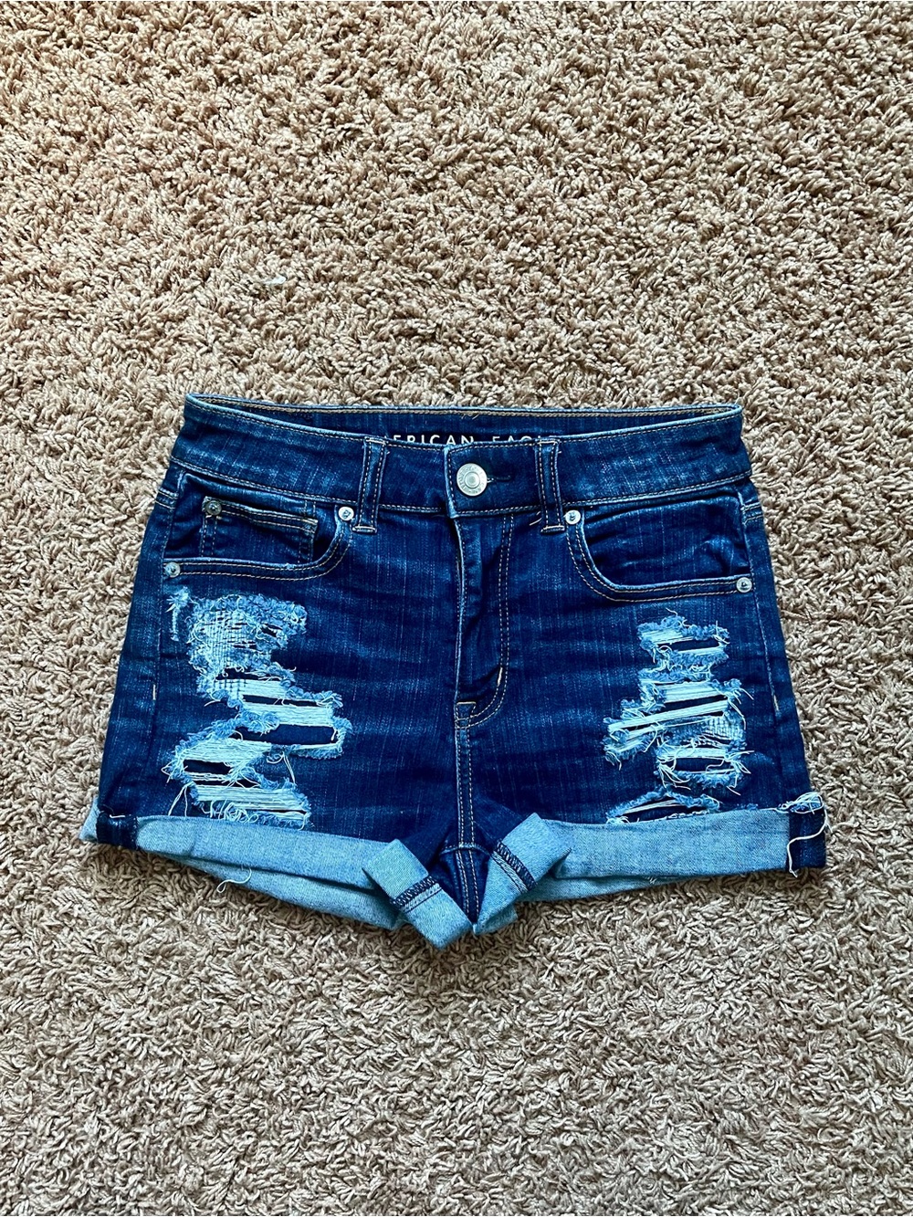 American Eagle Outfitters Dark Blue Distressed Rolled-Hem Jean Shorts